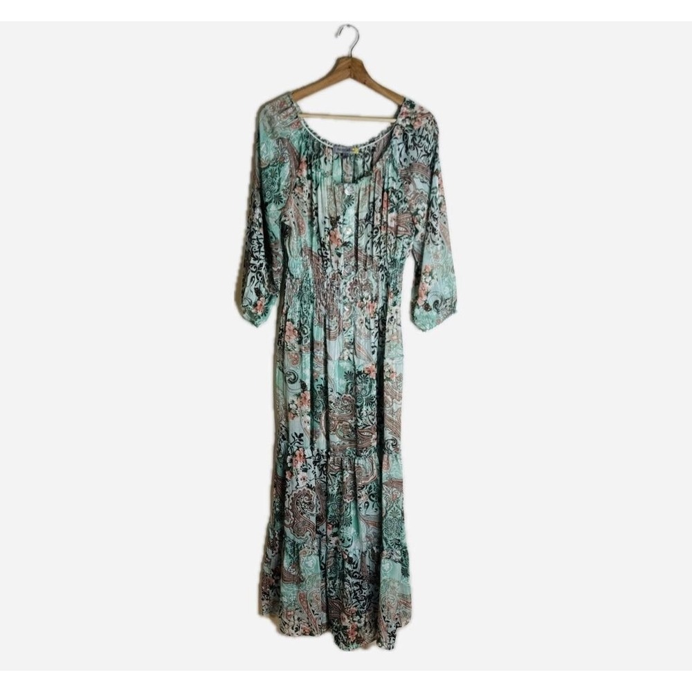 Figueroa & Flower Dress Womens Large Green Paisley Boho Maxi Peasant Button